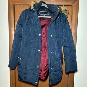 Tommy Hilfiger Women's Blue Puffer Jacket with Fur Trim